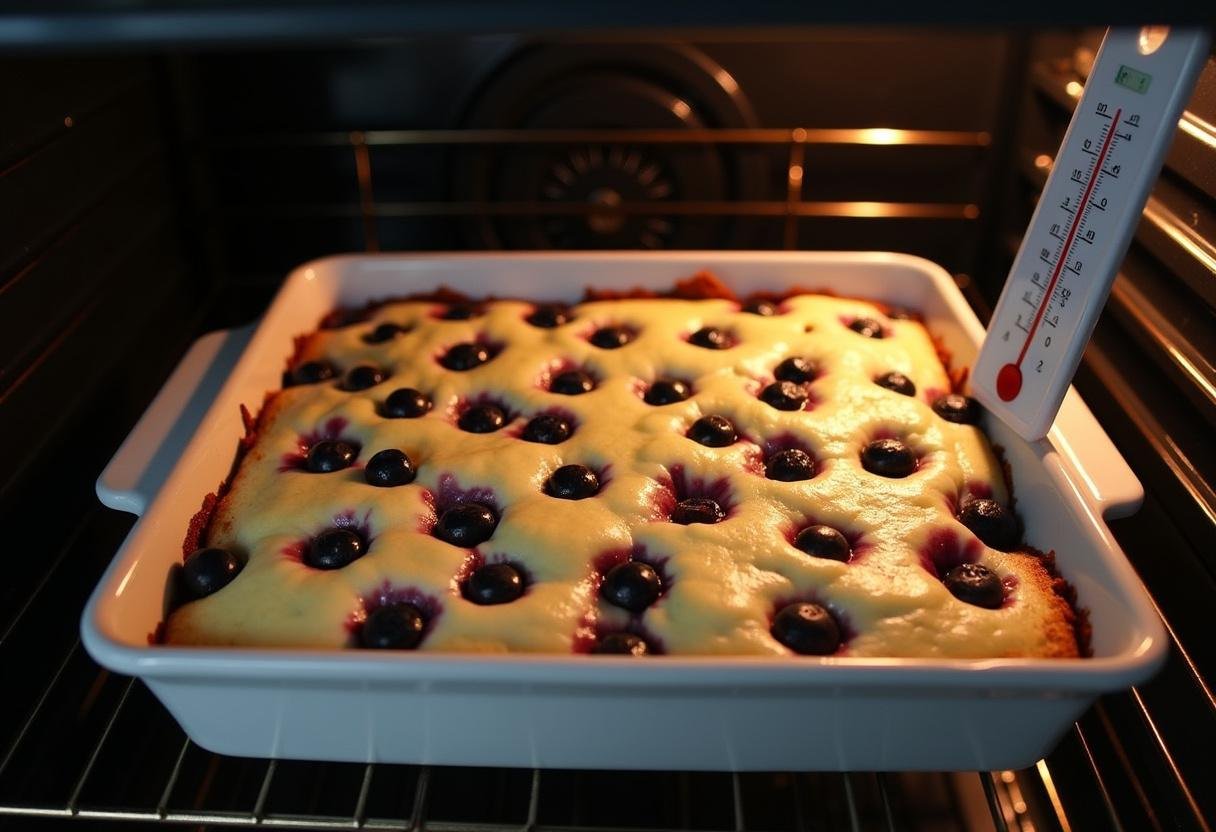 Placing the baking dish into the oven to bake Blueberry Cream Cheese Bars.