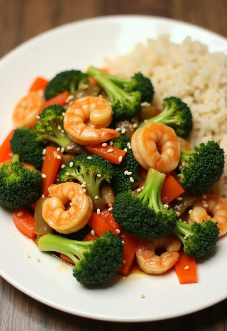 Delicious Quick Shrimp & Broccoli Saute plated with sesame seeds and rice.