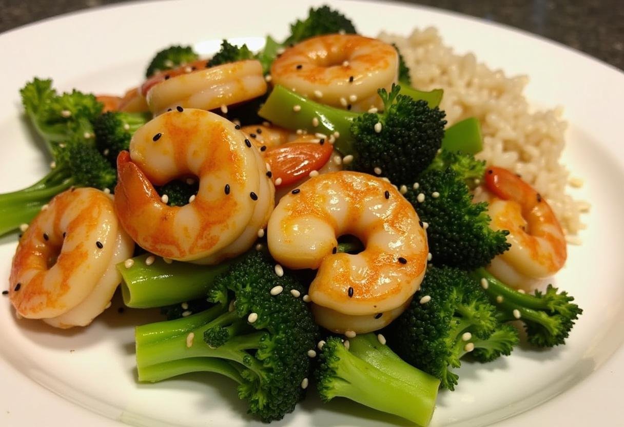 Delicious Quick Shrimp & Broccoli Saute plated with sesame seeds and rice.