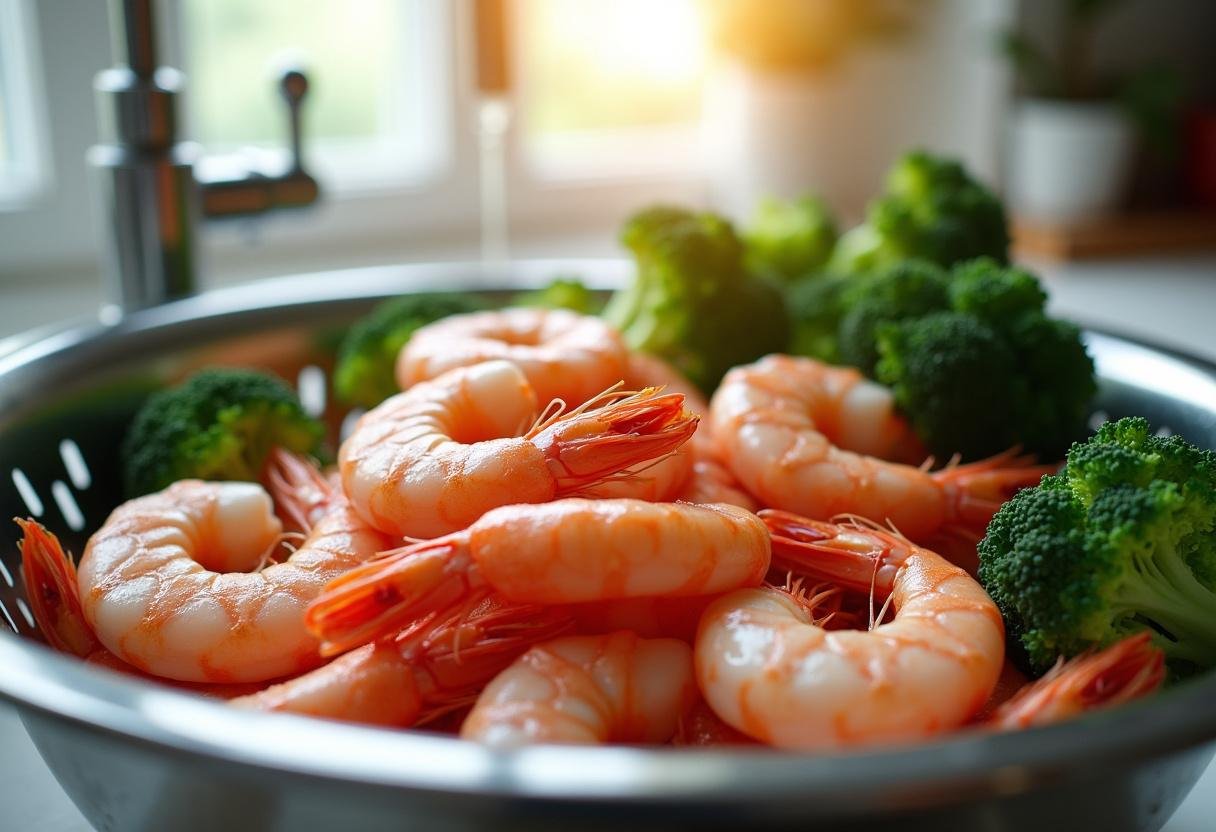 Fresh shrimp and broccoli being washed for Quick Shrimp & Broccoli Saute.