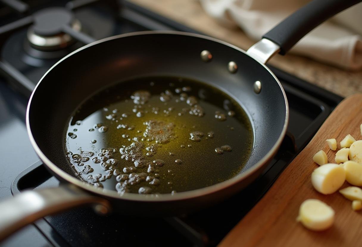 Heating olive oil for sautéing shrimp and broccoli in Quick Shrimp & Broccoli Saute.