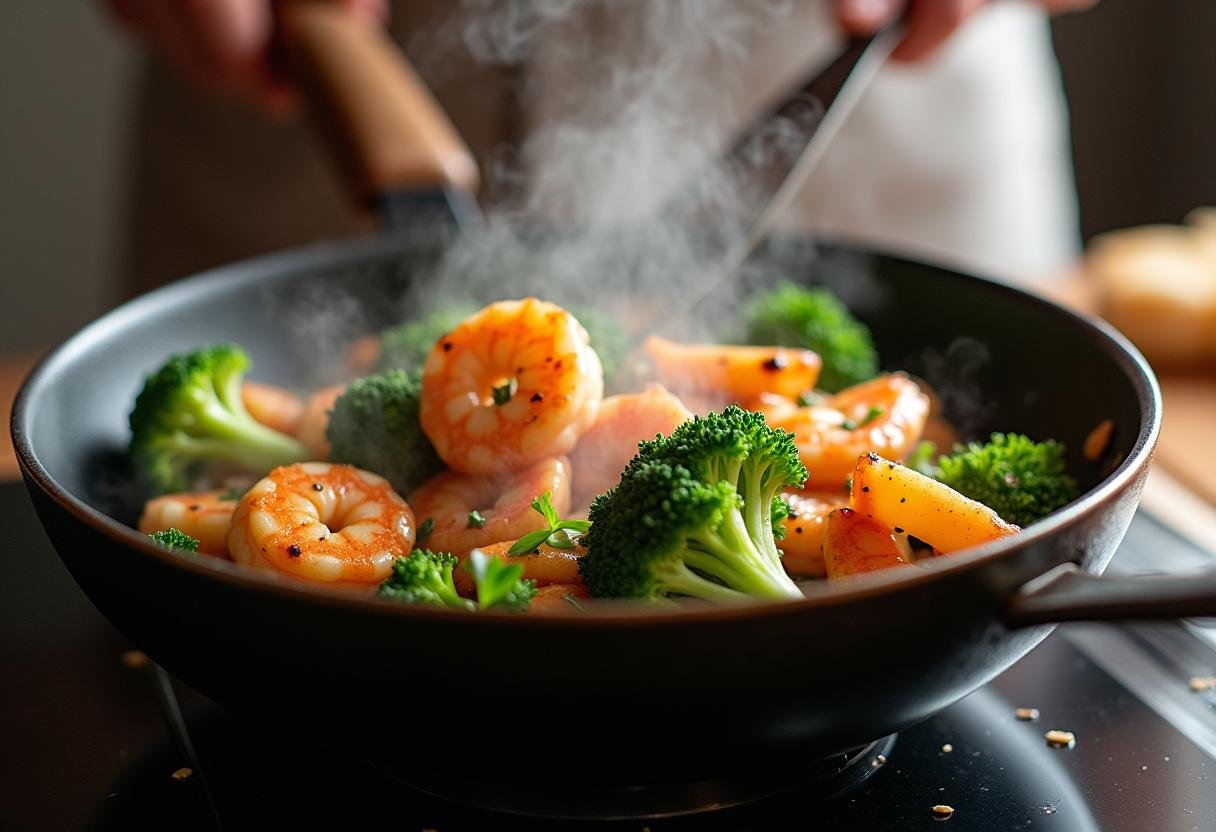 Shrimp and broccoli being added to the skillet for cooking Quick Shrimp & Broccoli Saute.