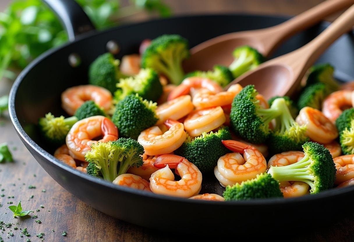 Stirring the shrimp and broccoli in a skillet for Quick Shrimp & Broccoli Saute.
