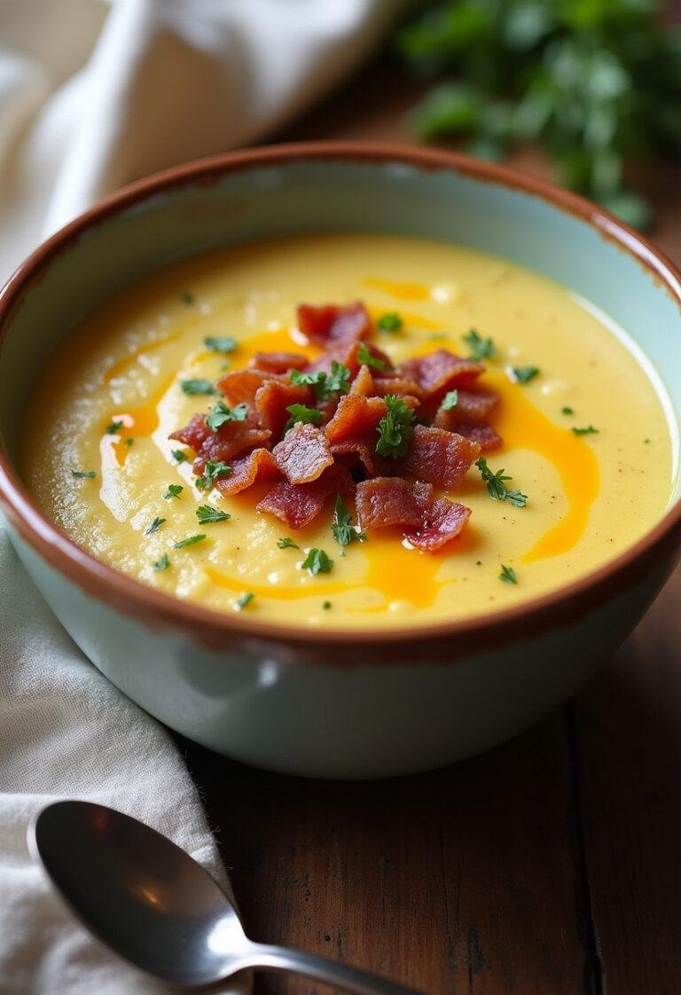 Delicious bowl of Quick and Easy German Potato Soup with bacon and herbs, ready to enjoy.