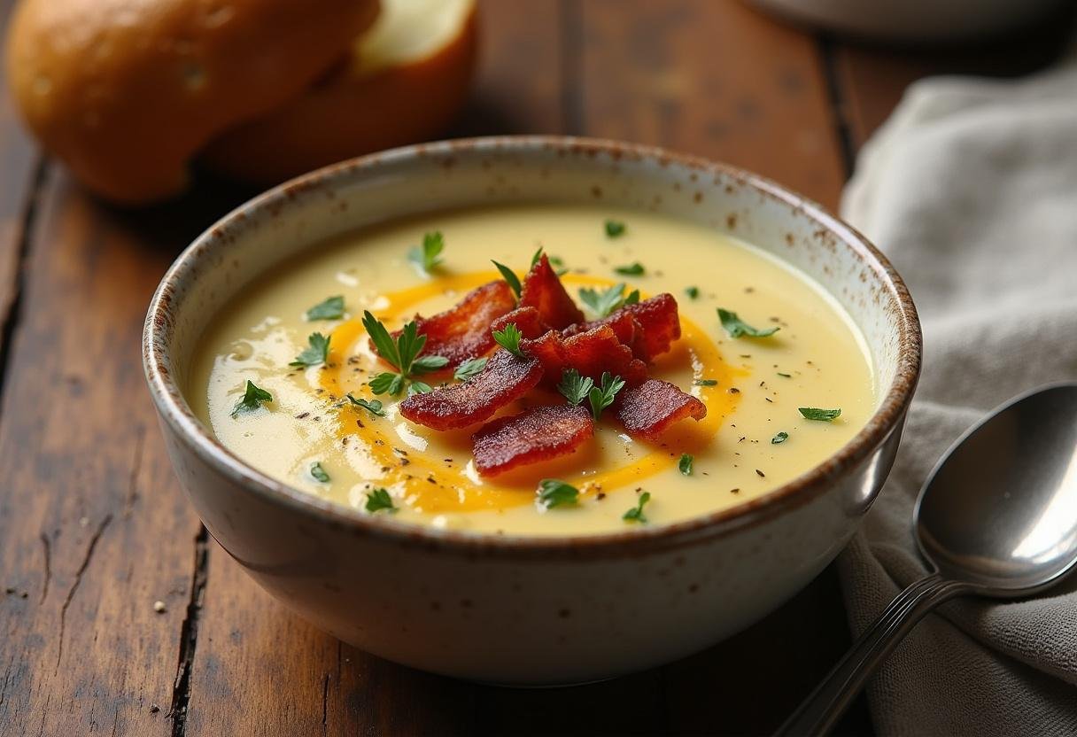 Delicious bowl of Quick and Easy German Potato Soup with bacon and herbs, ready to enjoy.