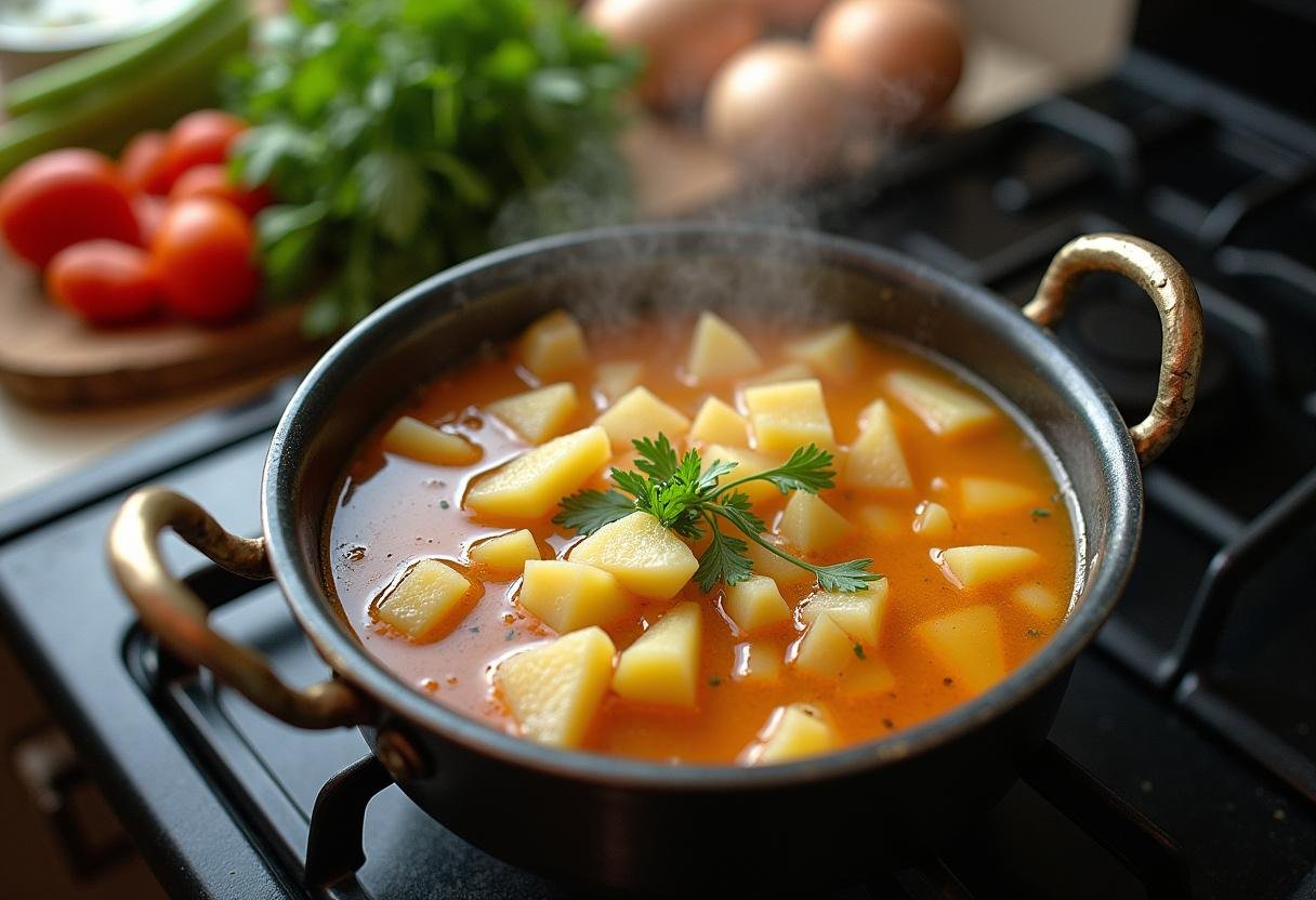 Diced potatoes simmering in broth for Quick and Easy German Potato Soup.
