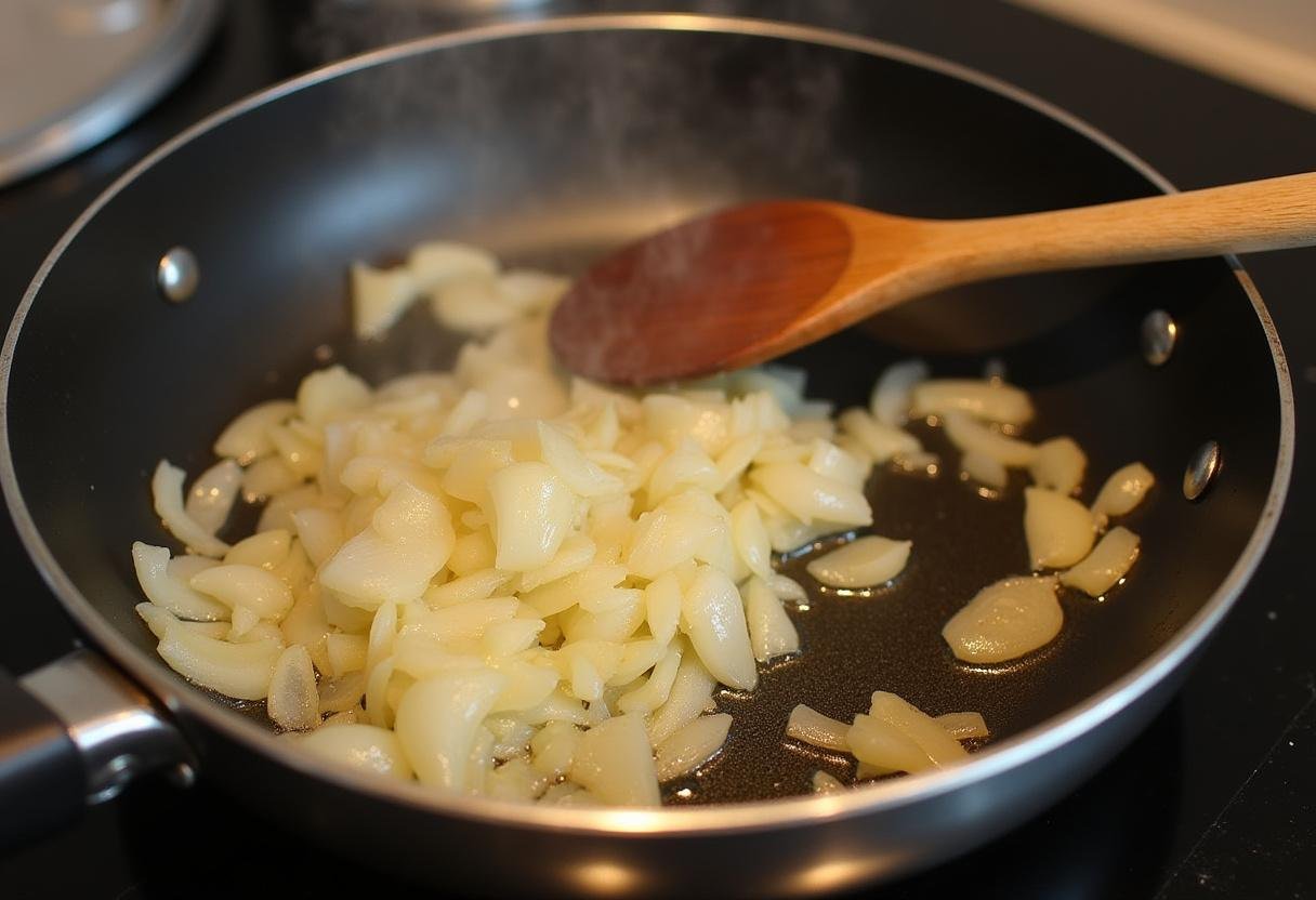 Onions and garlic sautéing for the Quick and Easy German Potato Soup recipe.
