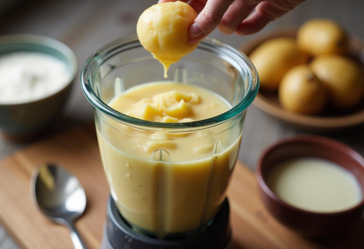 Blending potatoes and broth to create a creamy soup for Quick and Easy German Potato Soup.