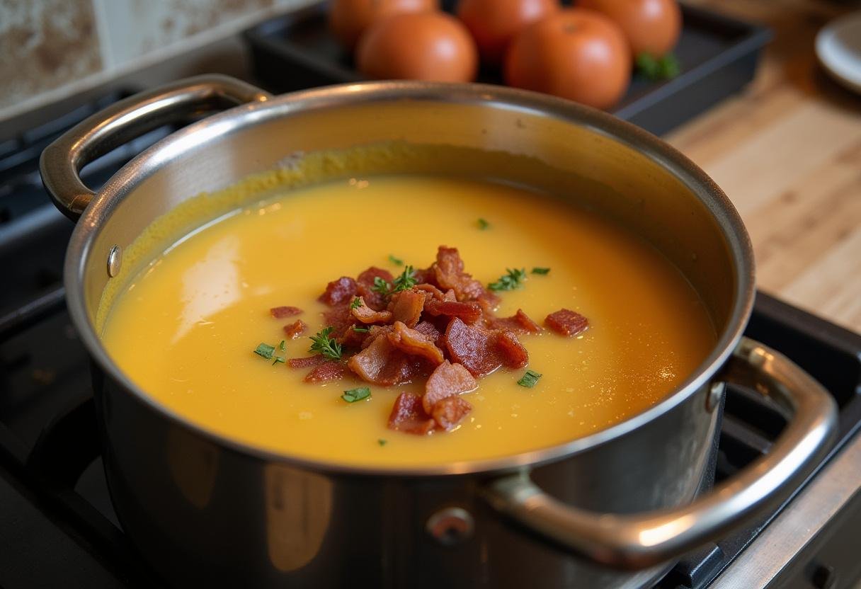 Final stage of Quick and Easy German Potato Soup with bacon and herbs added.