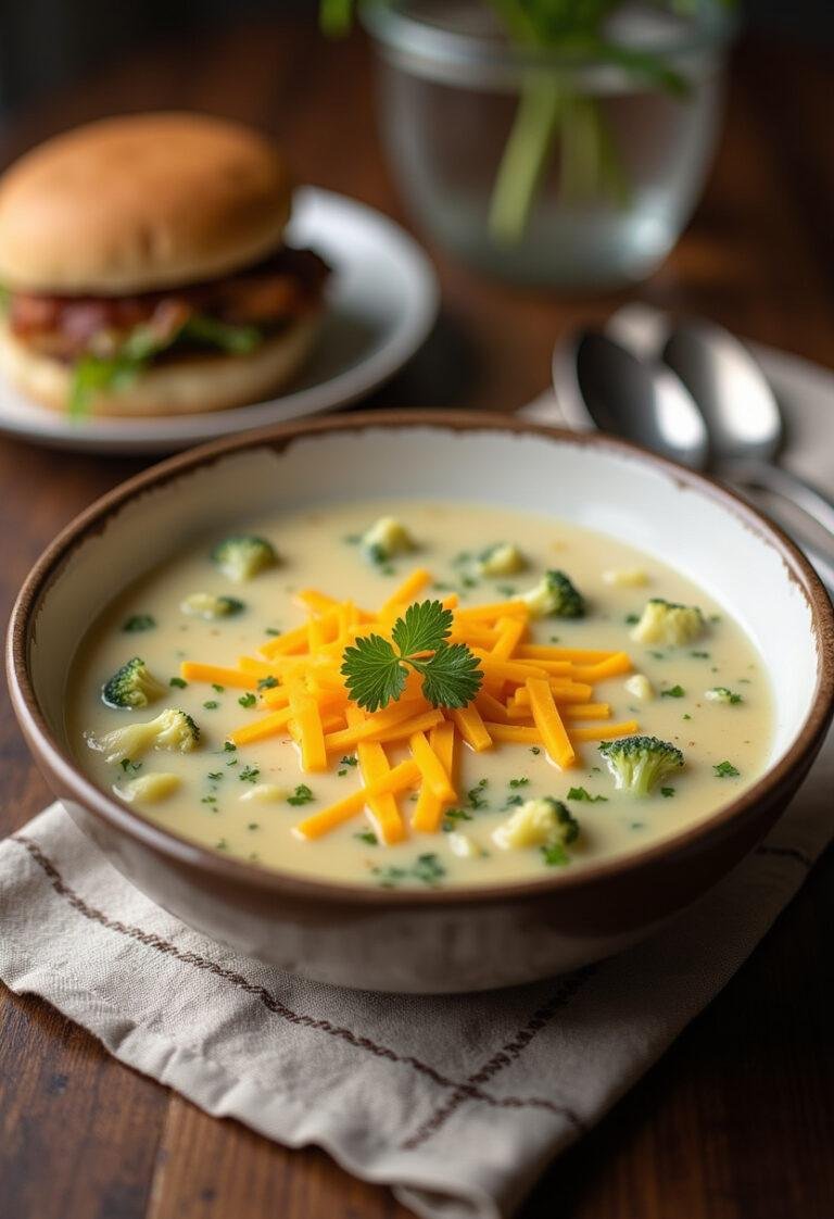Deliciously served cheddar broccoli potato soup, a perfect meal for busy nights.