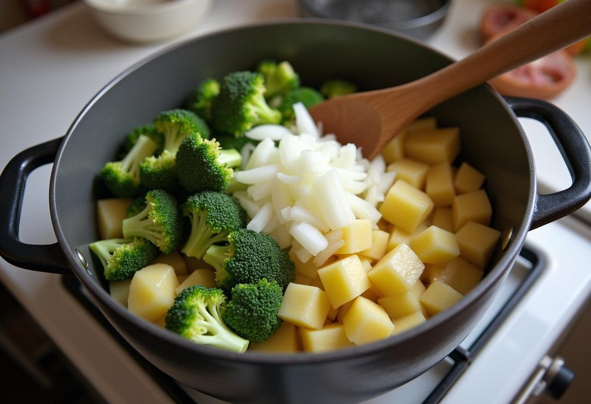 Diced potatoes, broccoli, and onions being prepared for Quick and Simple Cheddar Broccoli Potato Soup.