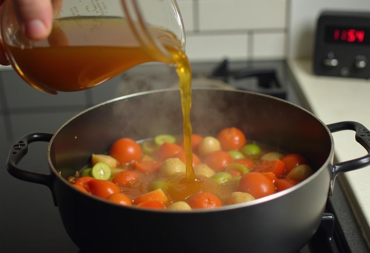 Broth being added to simmering vegetables for Cheddar Broccoli Potato Soup.