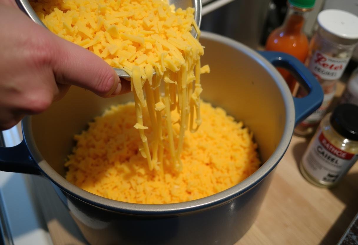 Grated cheddar cheese being mixed into the soup for a rich flavor in Cheddar Broccoli Potato Soup.