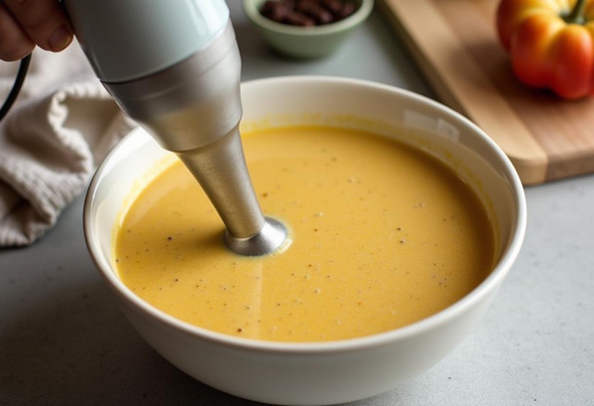 Blending the soup to a creamy consistency for Quick and Simple Cheddar Broccoli Potato Soup.