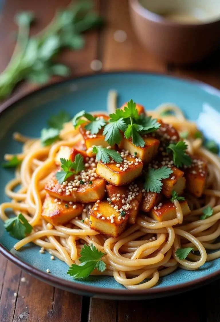 Delicious Sesame Ginger Tofu & Noodles served, showcasing a colorful and appetizing meal.
