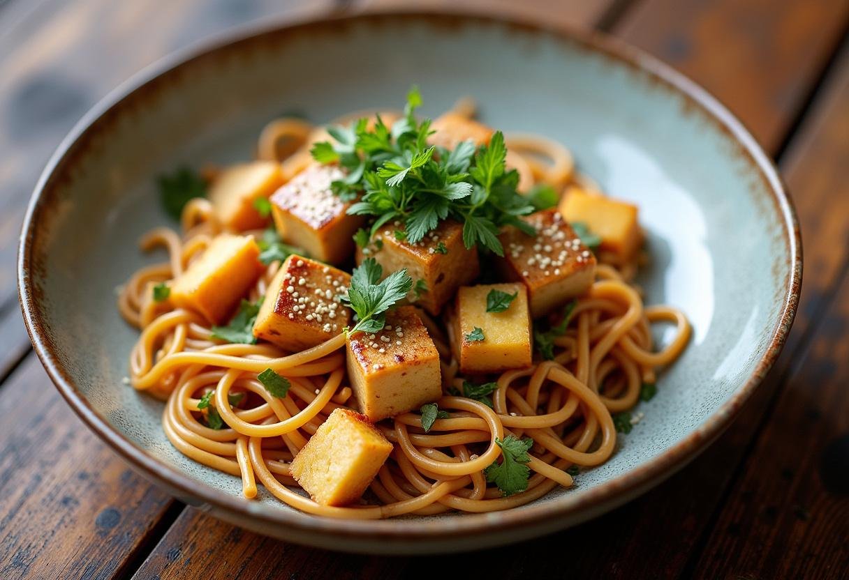 Delicious Sesame Ginger Tofu & Noodles served, showcasing a colorful and appetizing meal.