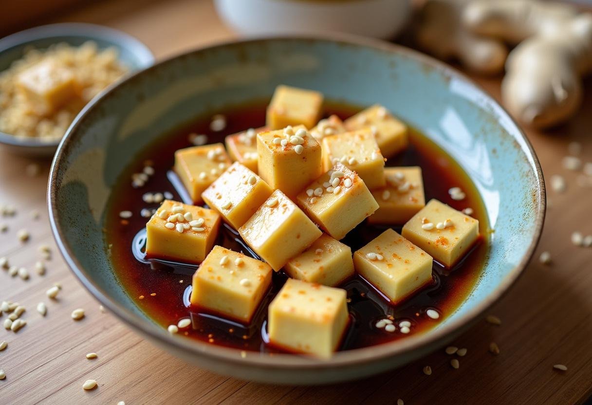 Cubed tofu marinating in soy sauce and ginger for Sesame Ginger Tofu & Noodles.