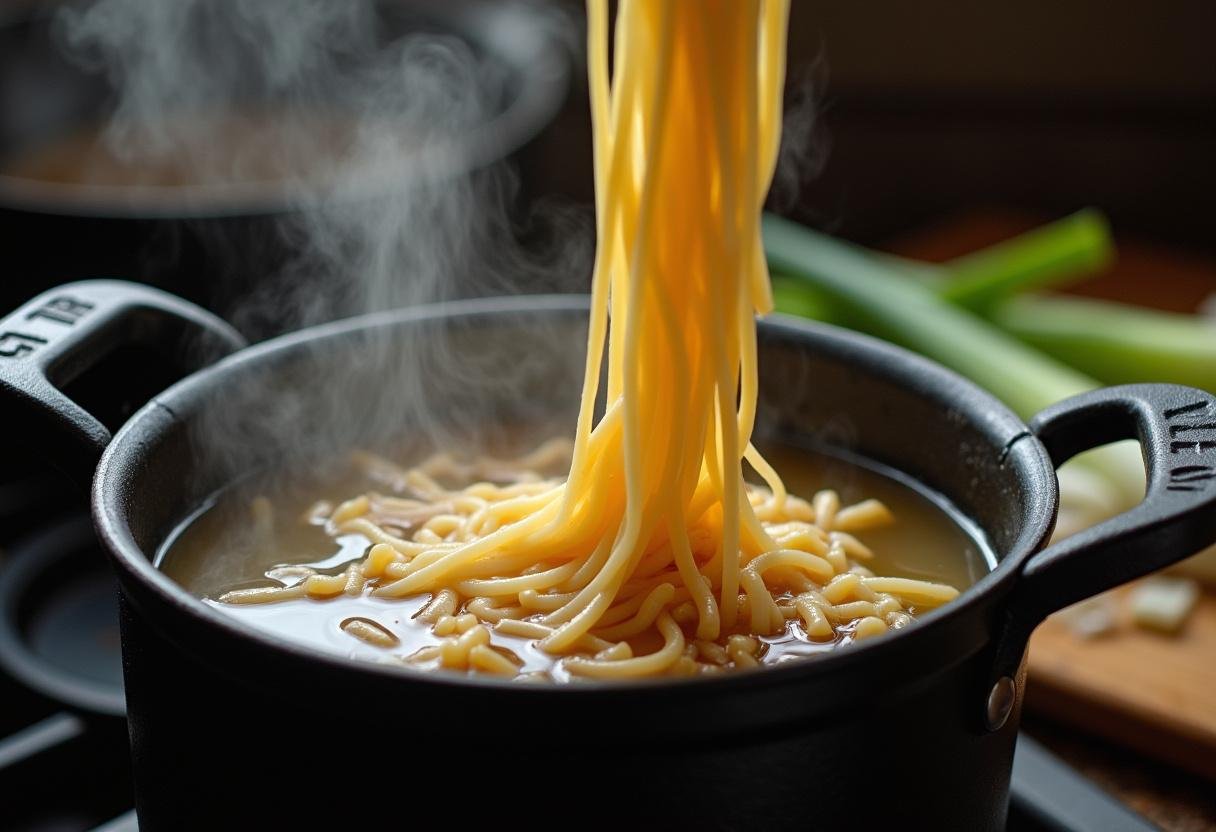 Noodles being cooked in boiling water for Sesame Ginger Tofu & Noodles recipe.