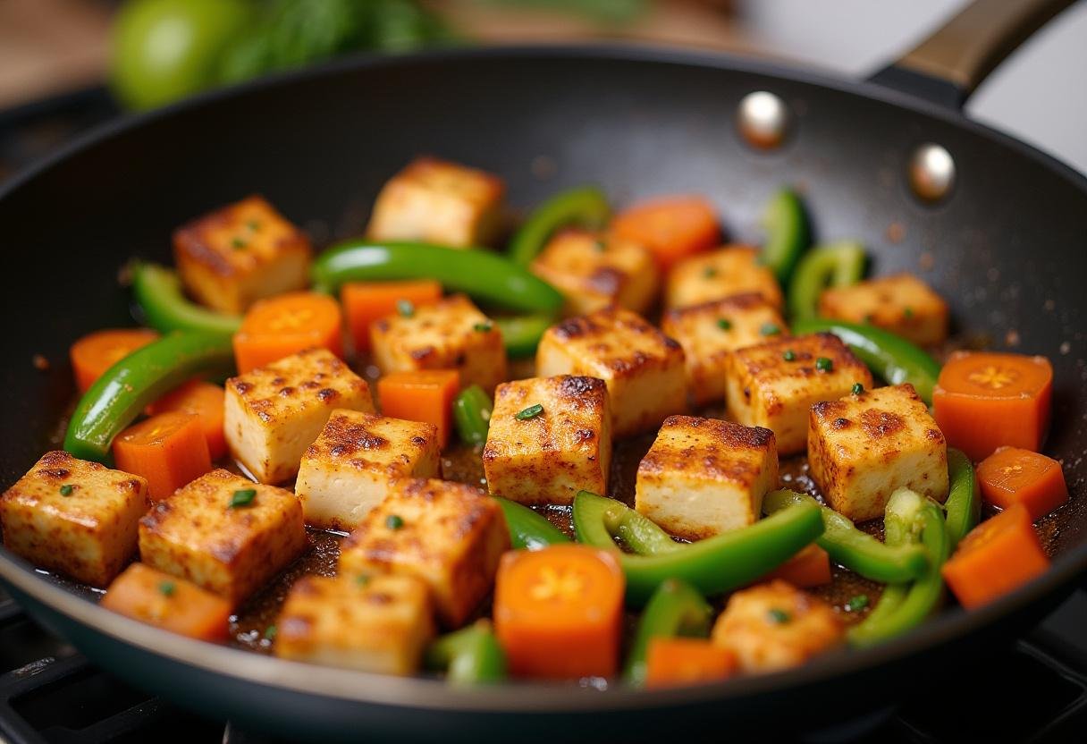 Tofu being sautéed in a pan for Sesame Ginger Tofu & Noodles, creating a delightful stir-fry.