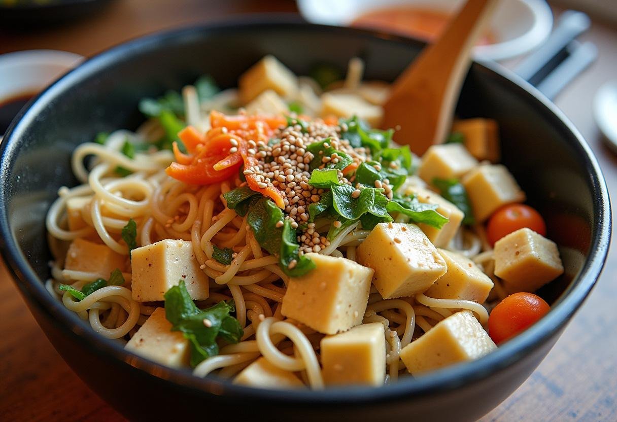 Noodles and tofu mixed together in a bowl for Sesame Ginger Tofu & Noodles dish.