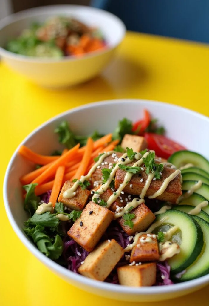Finished Sesame Lime Tofu & Veggie Bowl featuring colorful veggies and tofu, ideal for a healthy meal.