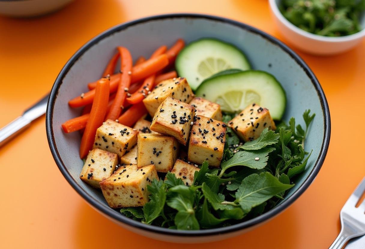 Finished Sesame Lime Tofu & Veggie Bowl featuring colorful veggies and tofu, ideal for a healthy meal.