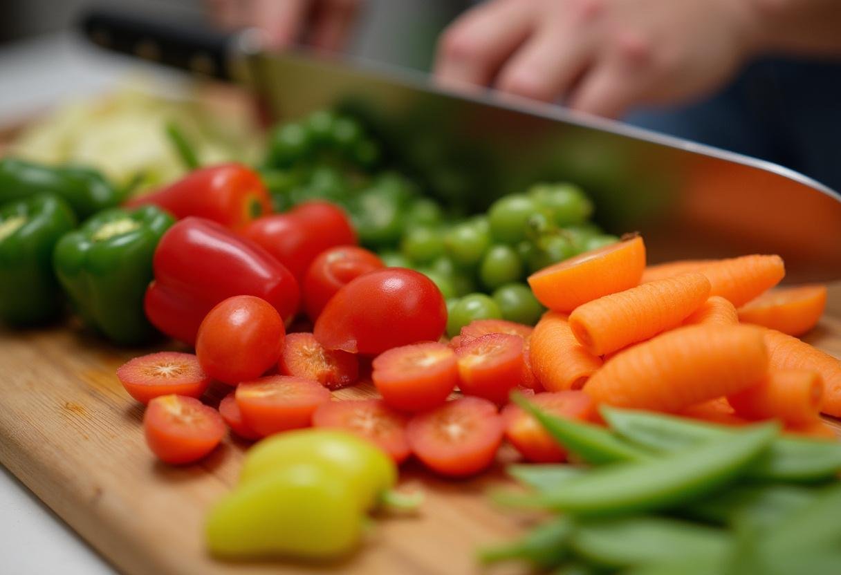 Chopping fresh vegetables for Sesame Lime Tofu & Veggie Bowl preparation.
