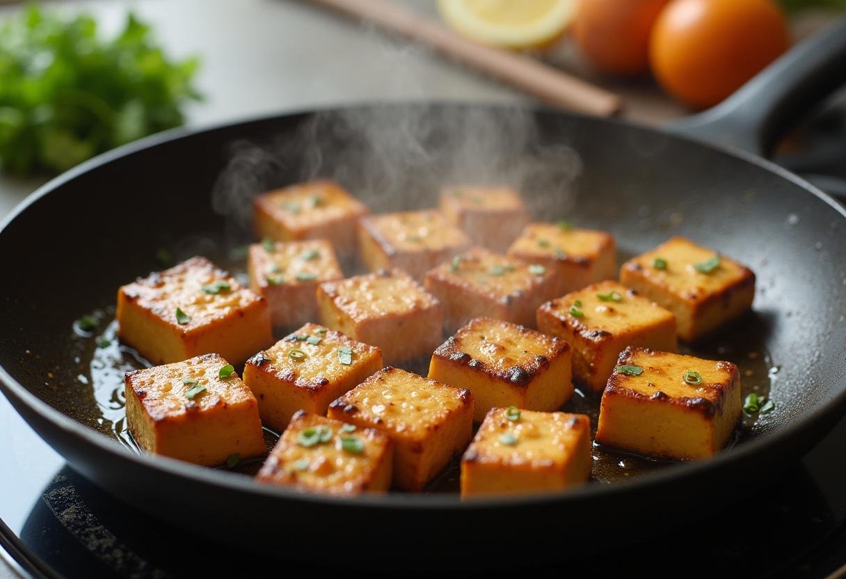 Sautéing marinated tofu for Sesame Lime Tofu & Veggie Bowl, showcasing golden edges and texture.