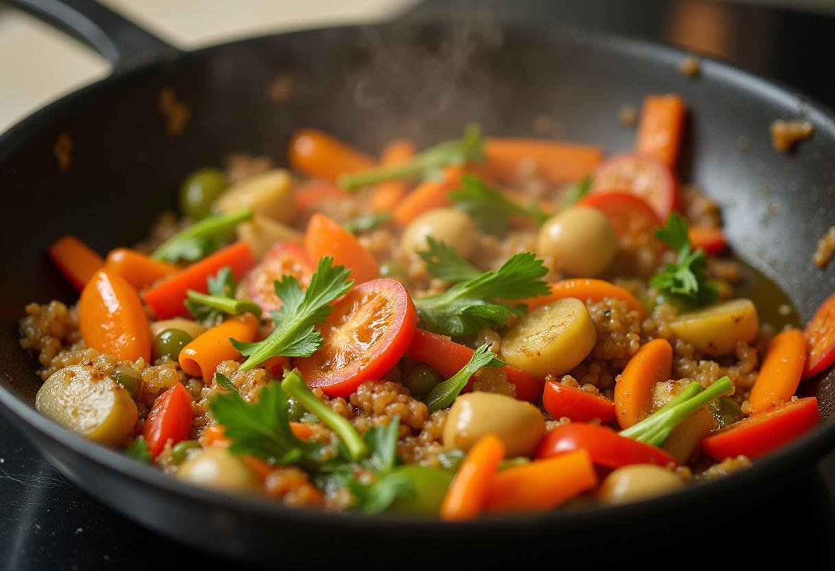 Stir-frying colorful vegetables with sesame oil for a nutritious veggie bowl.