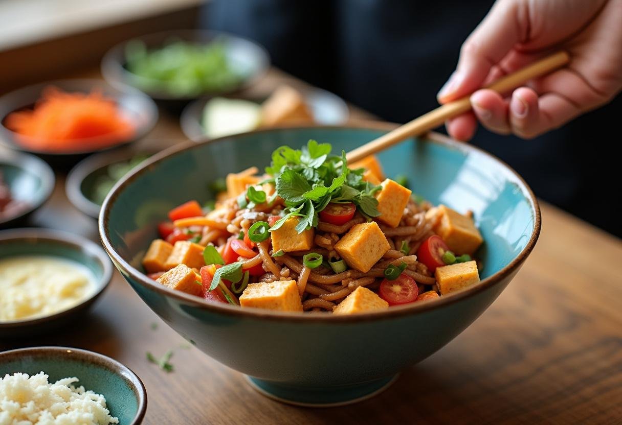 Assembling the Sesame Lime Tofu & Veggie Bowl with tofu and vegetables in a serving bowl.