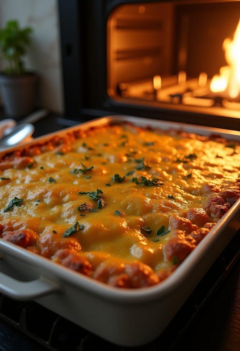 Delicious Hamburger & Potato Casserole served hot, perfect for a comforting meal.