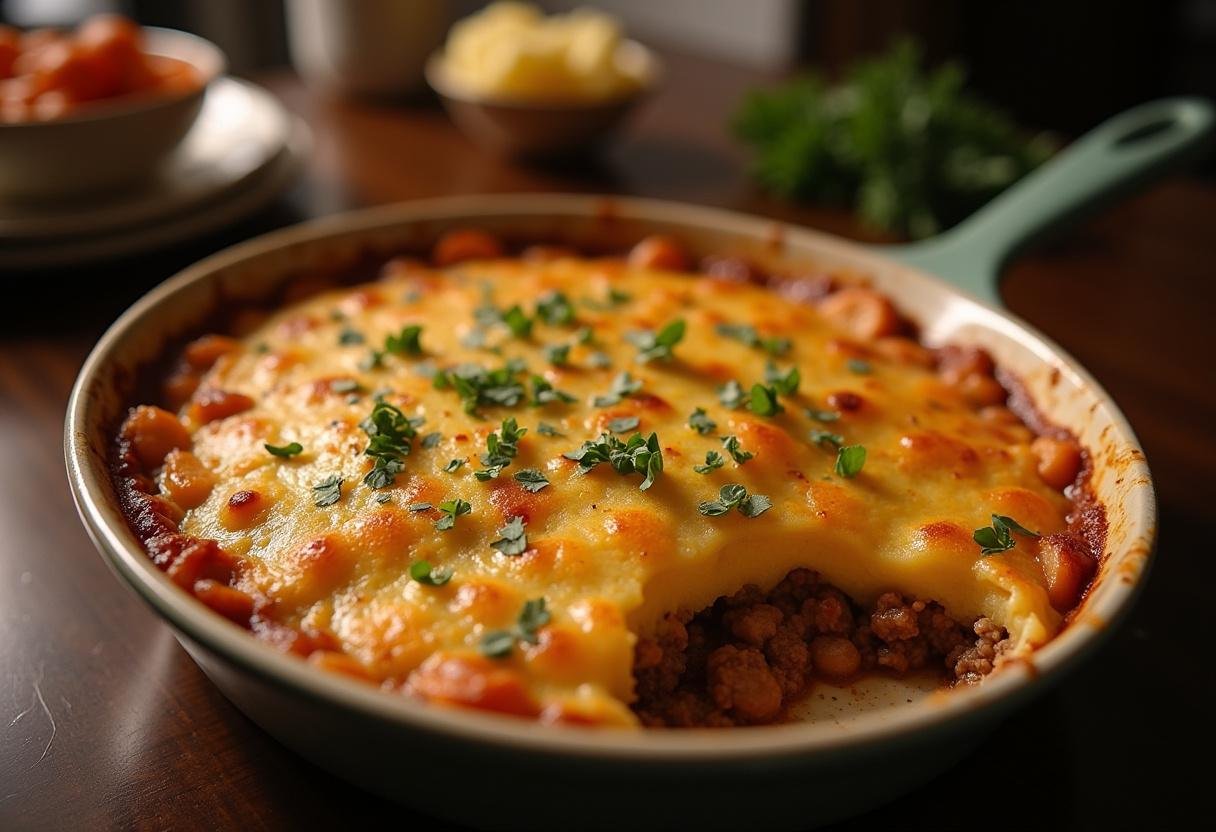 Delicious Hamburger & Potato Casserole served hot, perfect for a comforting meal.