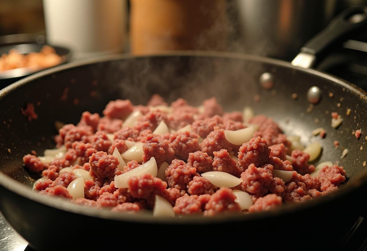 Browning ground beef and onions in a skillet for Hamburger & Potato Casserole.