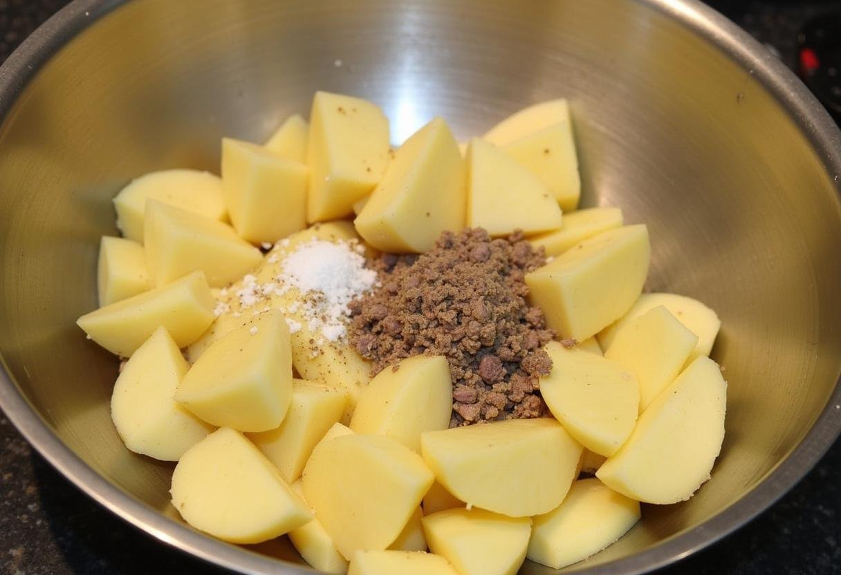 Preparing sliced potatoes seasoned for Hamburger & Potato Casserole recipe.