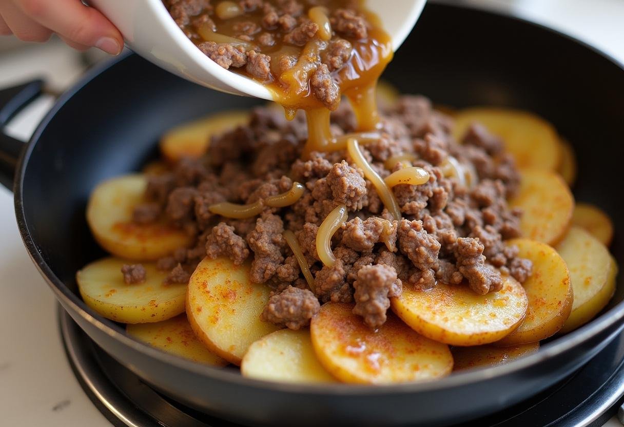 Combining browned ground beef with sliced potatoes for Hamburger & Potato Casserole.