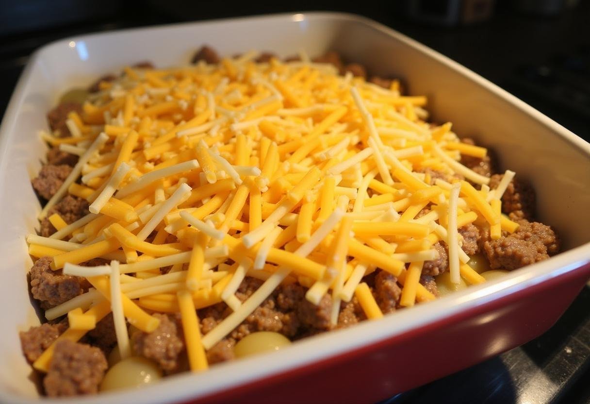 Filling a casserole dish with hamburger and potato mixture topped with cheese for baking.