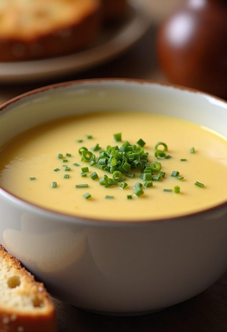 Delicious creamy potato soup with chives, perfect for a comforting meal.