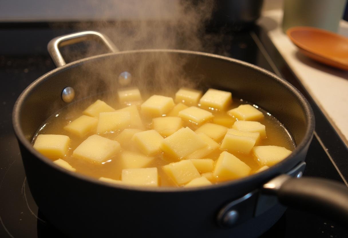 Diced potatoes simmering in chicken broth for a simple potato soup recipe.
