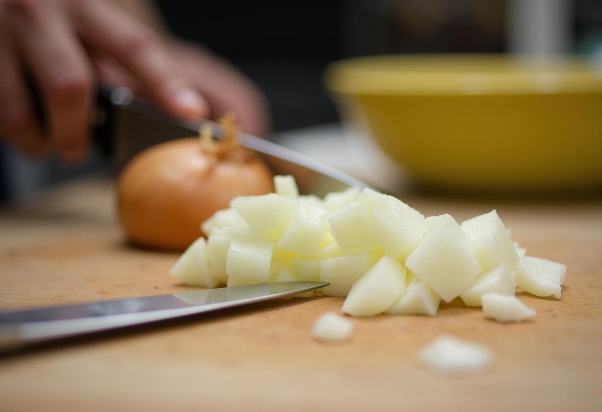 Dicing onions to add flavor to the simple best potato soup recipe.