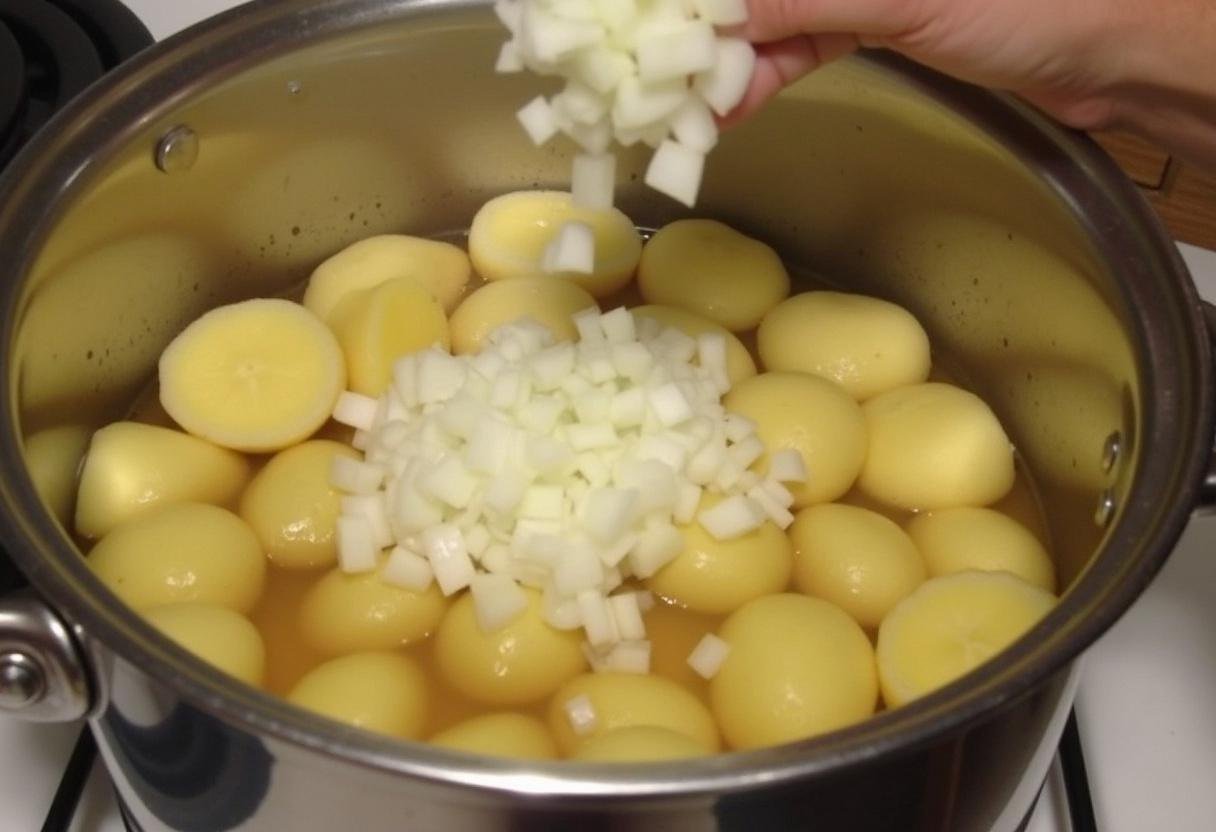 Adding diced onions to the simmering potato soup pot for enhanced flavor.