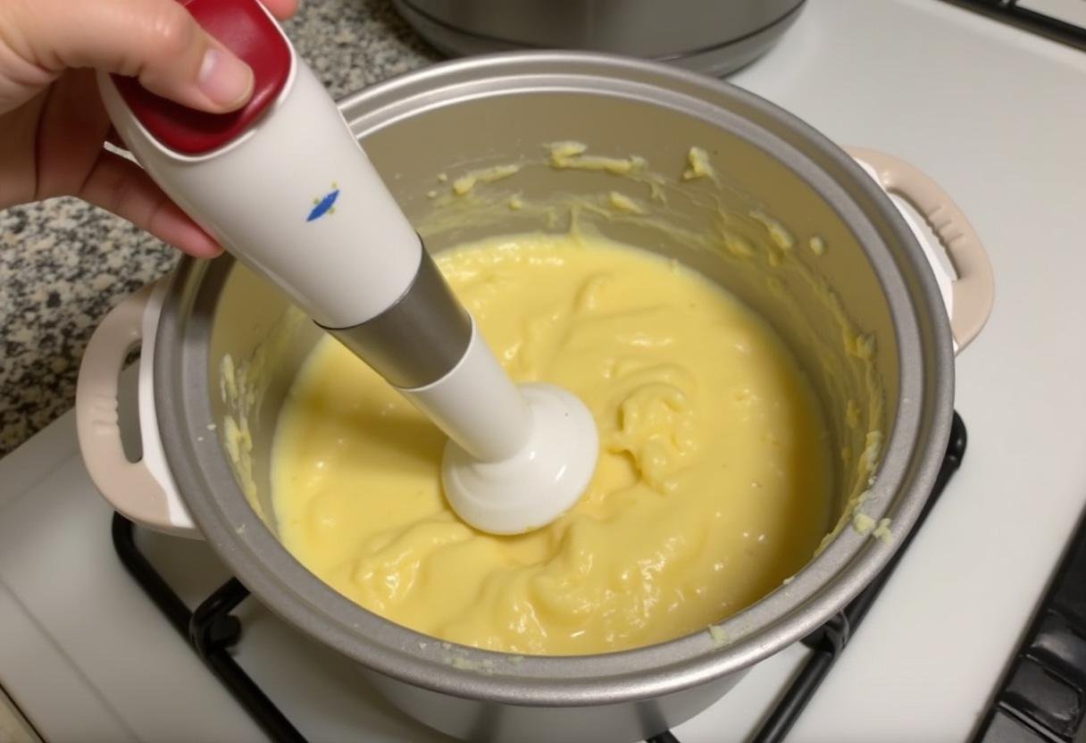 Pureeing the potato soup mixture with an immersion blender for a creamy texture.