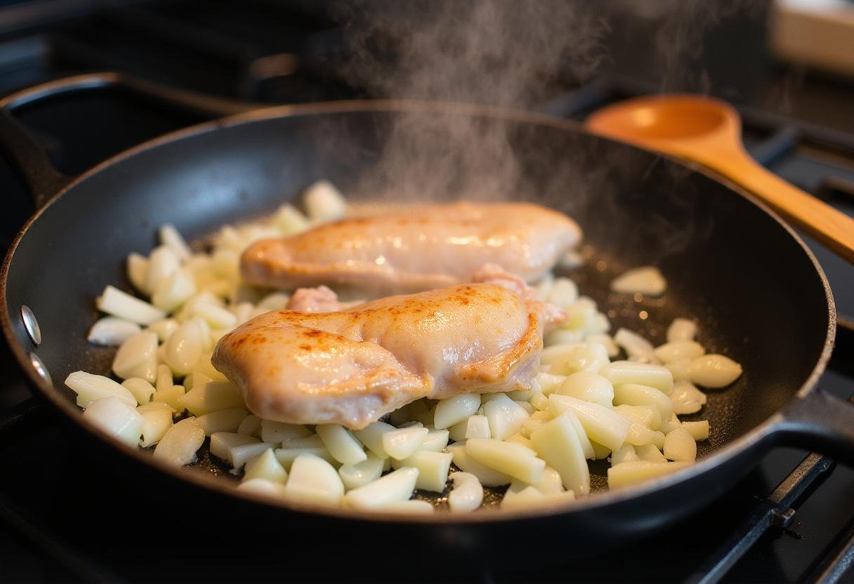 Cooking onions and chicken for Simple Chicken and Potato Casserole recipe ready in no time.
