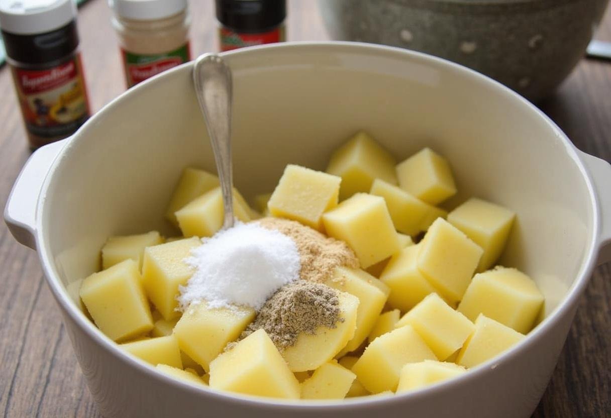 Preparing seasoned cubed potatoes for the Simple Chicken and Potato Casserole.