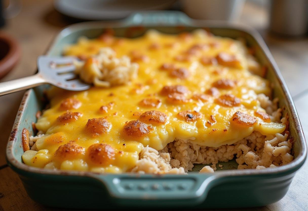 Layering chicken and seasoned potatoes in a casserole dish for Simple Chicken and Potato Casserole recipe.