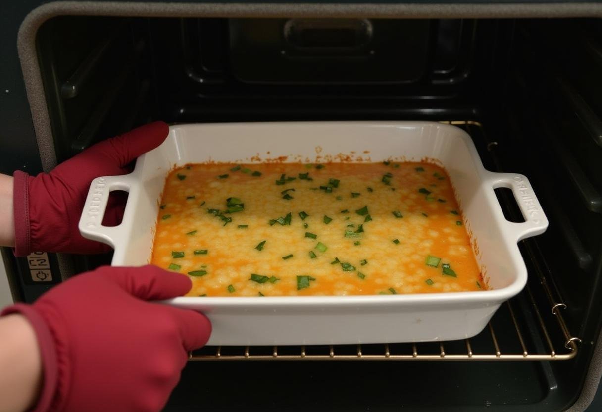 Placing the Simple Chicken and Potato Casserole in the oven to bake.