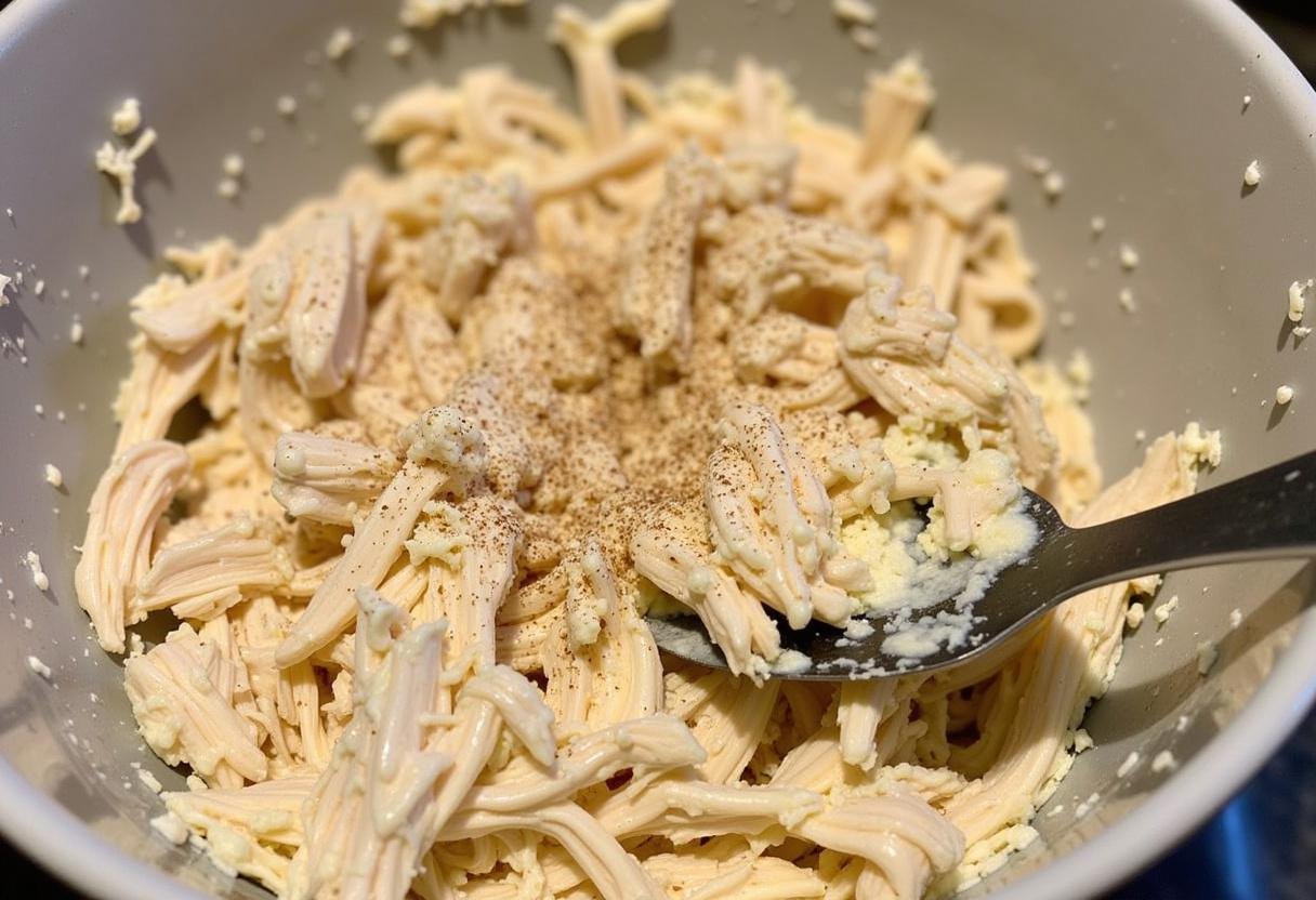 Mixing shredded chicken with cream cheese for Simple Chicken Crescent Bake preparation.