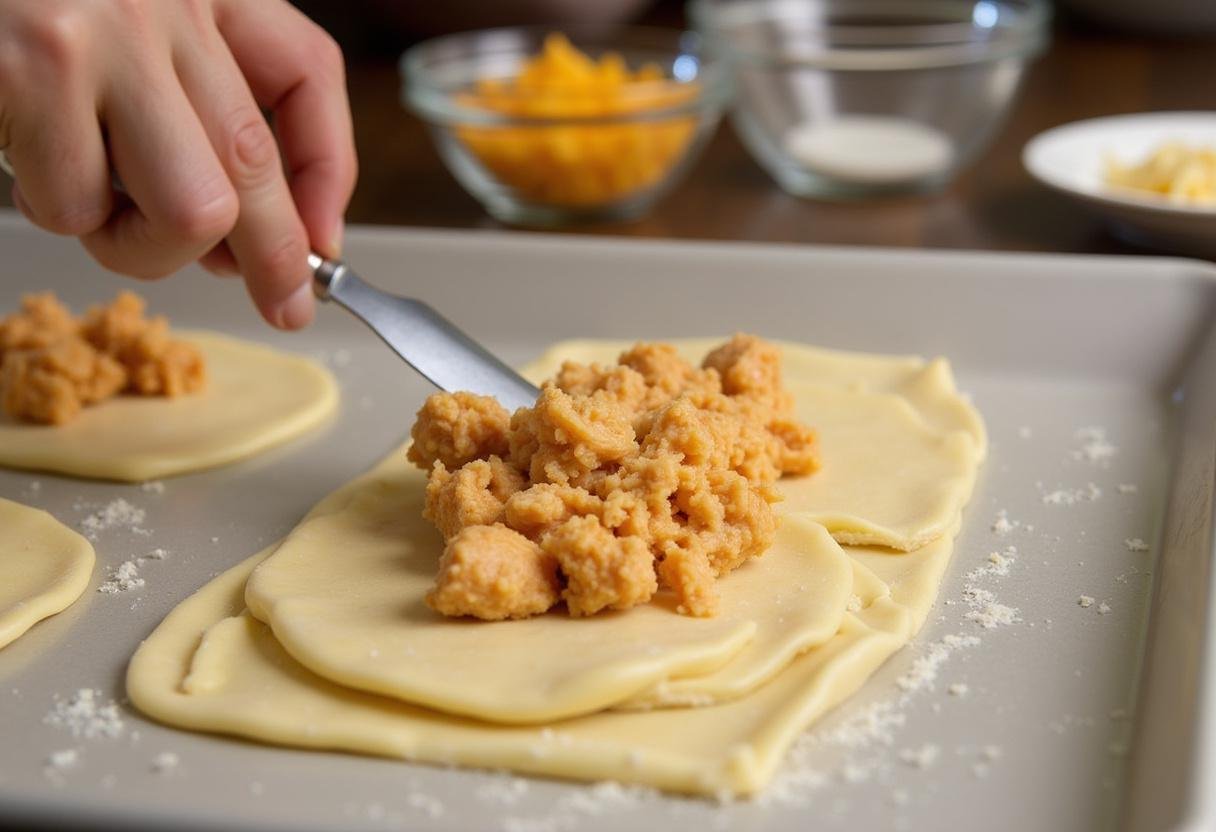 Spreading chicken and cream cheese mixture over crescent roll dough for Simple Chicken Crescent Bake.