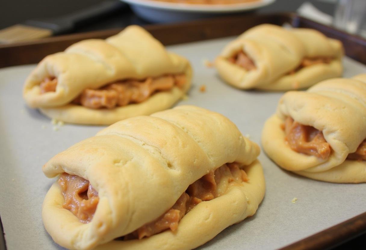 Rolling up crescent rolls filled with chicken mixture before baking for Simple Chicken Crescent Bake.