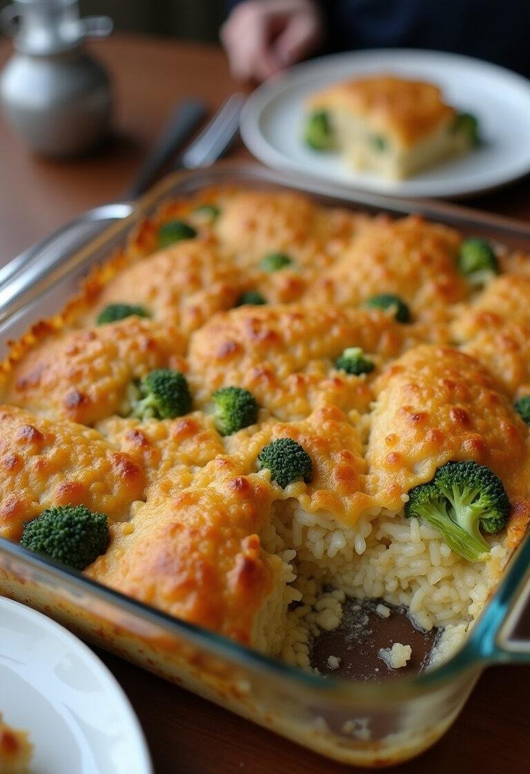 Golden-brown Simple Chicken, Rice, and Broccoli Casserole ready to be served for a comforting meal.