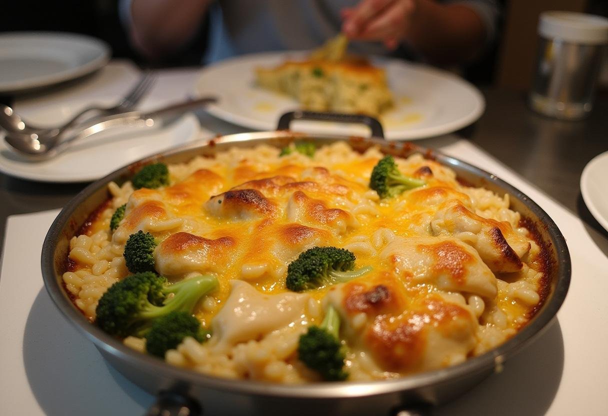 Golden-brown Simple Chicken, Rice, and Broccoli Casserole ready to be served for a comforting meal.